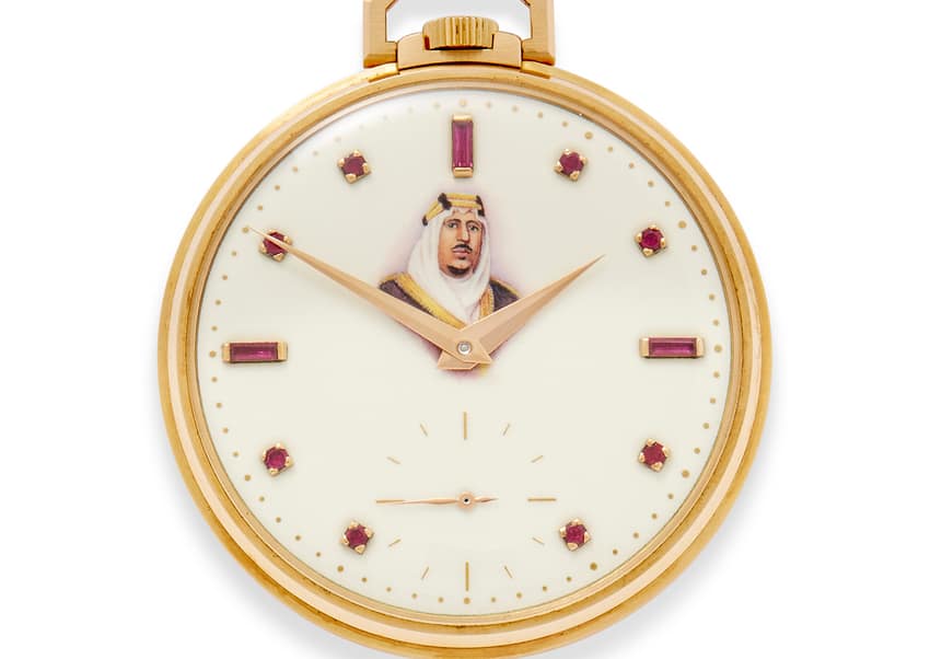 A Patek Philippe gold pocket watch featuring a portrait of King Abdulaziz of Saudi Arabia. Image courtesy of Bonhams