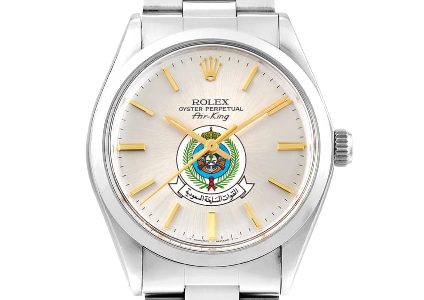 A Rolex Air-King, reference 5500, with the emblem of Saudi Arabia. Image courtesy of Bonhams