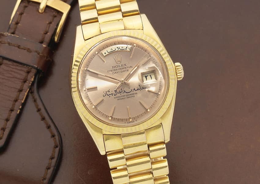 A Rolex Day-Date with dial inscription reading Khalifa Bin Zayed Al Nahyan, president of the UAE. Image courtesy of Bonhams