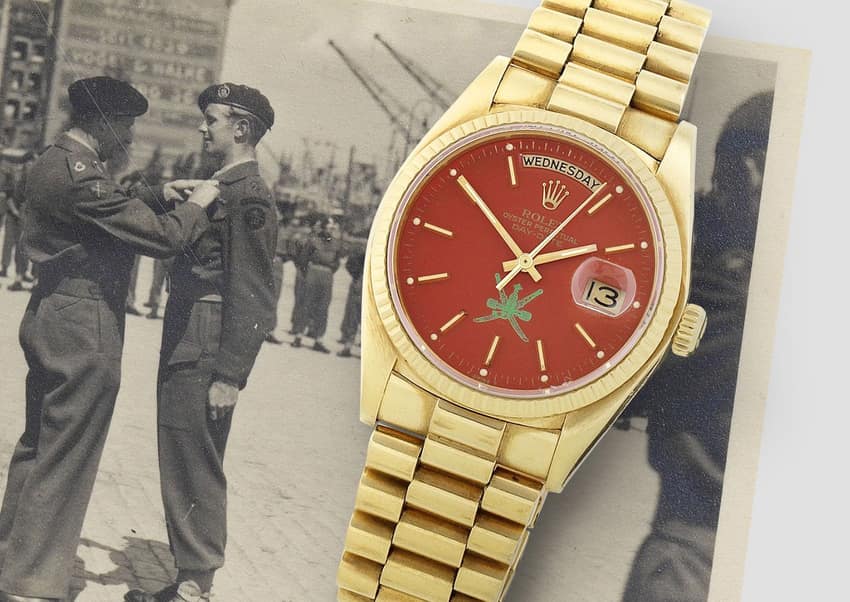 This 18k gold Rolex Day-Date was owned by the commander of Oman's armed forces. Image courtesy of Bonhams 