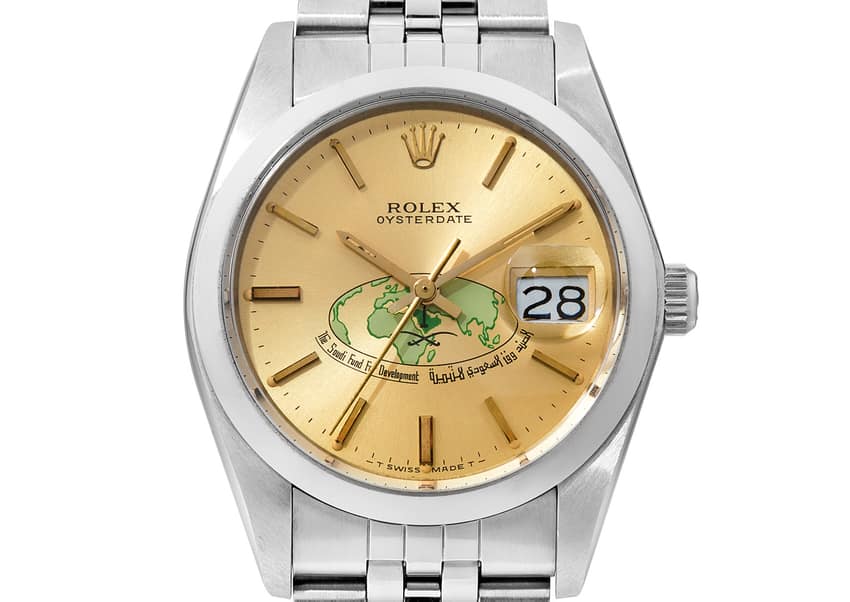 A 1964 Rolex Oysterdate bearing the Saudi Fund For Development logo. Image courtesy of Bonhams