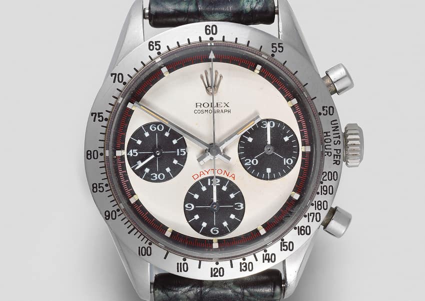 The famous Newman Daytona reference 6239 ran on a Valjoux manual-wind movement. Image courtesy of Bonhams.