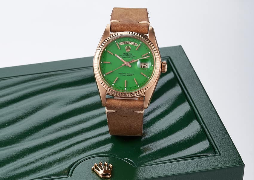An early 1970s model in pink gold with leaf-green lacquered 'stella' dial. Image courtesy of Bonhams