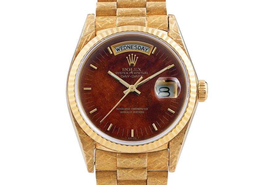 A rare wood dial Day-Date with bark-effect President bracelet. Image courtesy of Bonhams