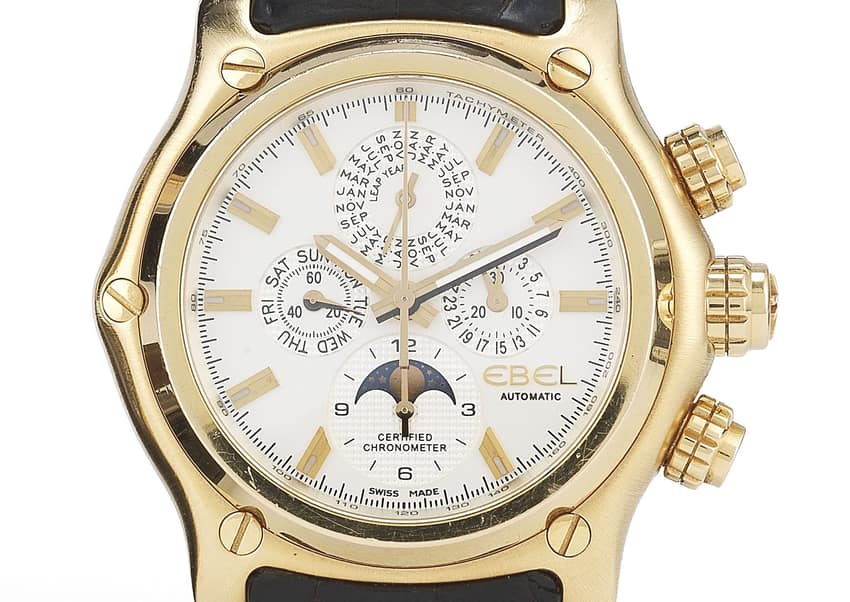 An Ebel automatic perpetual calendar chronograph in 18k yellow gold. Image courtesy of Bonhams