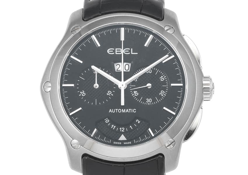 An automatic calendar chronograph in steel with signature 5-screw case. Image courtesy of Bonhams 