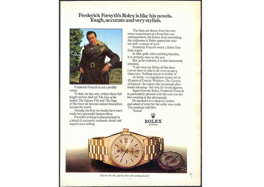 Debonair thriller writer Frederick Forsyth was a Rolex Day-Date wearer
