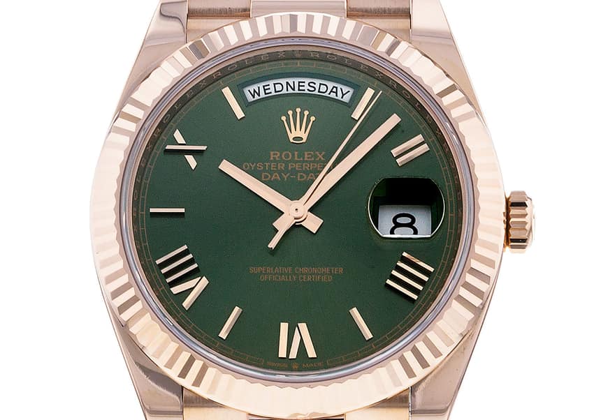 Rose gold Rolex Day-Date 40 with olive green dial, authenticated at The Crown Vault